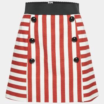 Pre Owned Dolce & Gabbana White/Red Slub Cotton Button Detail Mini Skirt S