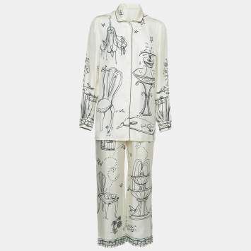 Pre Owned Dolce & Gabbana Off-White Cage Bird Print Silk Pajama Top and Pants Set S