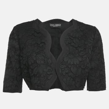 Pre Owned Dolce & Gabbana Black Corded Lace Open Front Cropped Jacket M