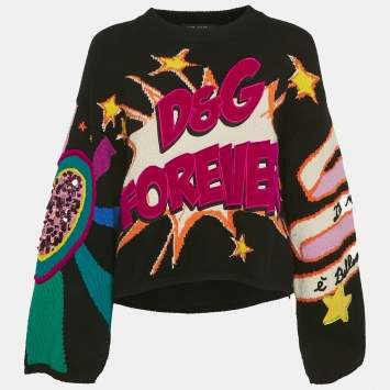 Pre Owned Dolce & Gabbana Black Intarsia Knit Applique Detail Sweater S