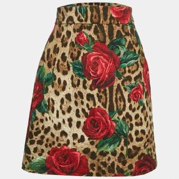 Pre Owned Dolce & Gabbana Brown Leopard and Rose Print Jacquard Mini Skirt S