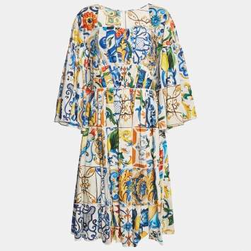 Pre Owned Dolce & Gabbana Blue/Yellow Majolica Print Poplin Tiered Midi Dress L