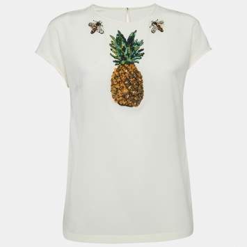 Pre Owned Dolce & Gabbana Off-White Embellished Silk Top S