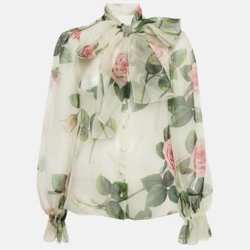 Pre Owned Dolce & Gabbana Multicolor Rose Print Sheer Silk Button Front Blouse XS