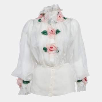 Pre Owned Dolce & Gabbana White Floral Applique Organza Silk Sheer Blouse XS