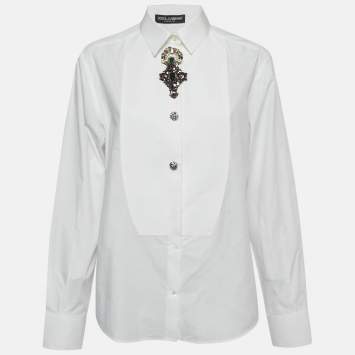 Pre Owned Dolce & Gabbana White Cotton Sequin Detail  Full Sleeve Shirt M