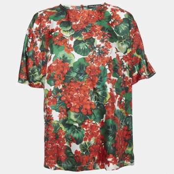 Pre Owned Dolce & Gabbana Red Floral Print Silk Blouse L 