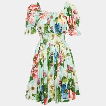 Pre Owned Dolce & Gabbana Blue Floral Print Poplin Shirring Tiered Mini Dress M