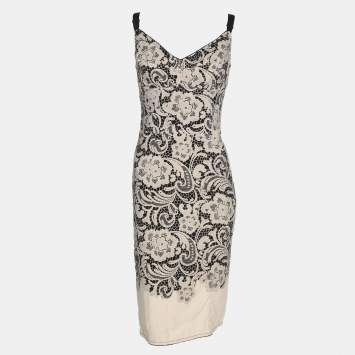 Pre Owned Dolce & Gabbana Beige/Black Printed Crepe Midi Dress M