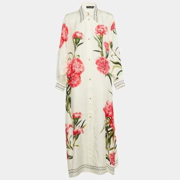 Pre Owned Dolce & Gabbana White Floral Print Silk Button Up Maxi Dress M