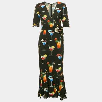 Pre Owned Dolce & Gabbana Black Embellished and Cocktail Print Crepe Long Dress S