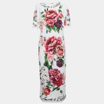 Pre Owned Dolce & Gabbana White Floral Print Crepe Brooch Detail Midi Dress XL