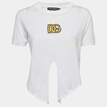 Pre Owned Dolce & Gabbana White Logo Embroidered Jersey Crop T-Shirt S