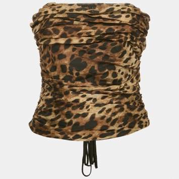 Pre Owned Dolce & Gabbana x Skins Brown Leopard Print Silk Lace-Up Bandeau Corset Top M