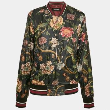 Pre Owned Dolce & Gabbana Black Floral Print Synthetic Bomber Jacket L