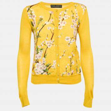 Dolce & Gabbana Yellow Printed Silk Blend Button Front Cardigan S