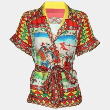 Pre Owned Dolce & Gabbana Multicolor Carretto Printed Silk Belted Top S