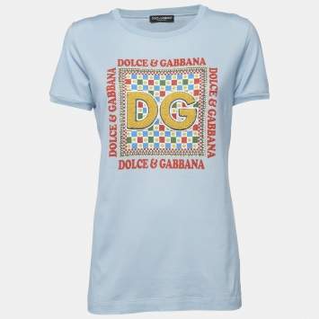 Pre Owned Dolce & Gabbana Light Blue Logo Embellished Knit Crew Neck T-Shirt M