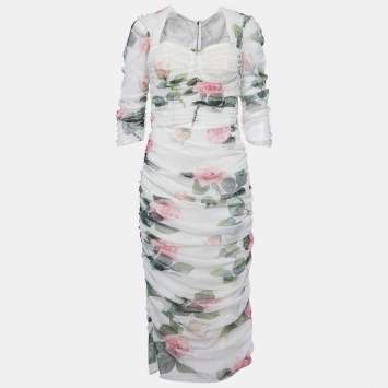 Pre Owned Dolce & Gabbana White Floral Print Tulle Ruched Midi Dress L