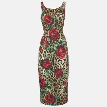 Pre Owned Dolce & Gabbana Brown Leopard and Rose Print Crepe Sheath Dress L