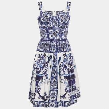 Pre Owned Dolce & Gabbana Blue/White Majolica Print Poplin Bustier Midi Dress XL