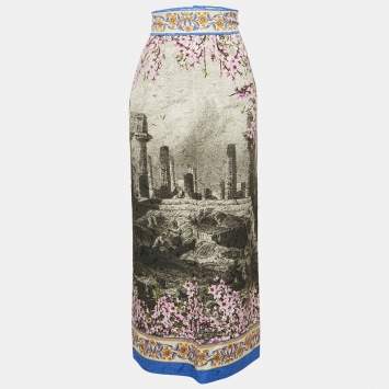 Pre Owned Dolce & Gabbana Grey Floral Jacquard Midi Skirt S