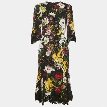 Pre Owned Dolce & Gabbana Black Floral Print Silk Lace Trim Midi Dress M