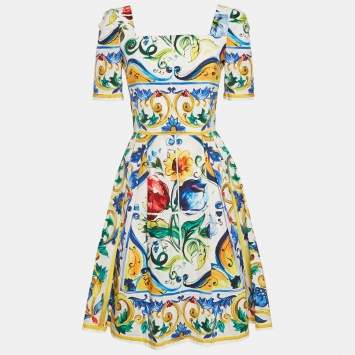 Pre Owned Dolce & Gabbana White Printed Poplin Mini Dress S