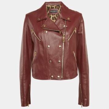 Dolce & Gabbana Burgundy Leather Zip-Up Riders Jacket XL