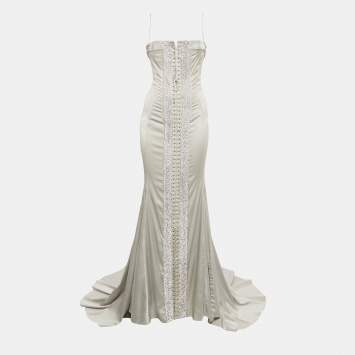 Pre Owned Dolce & Gabbana Grey Crystal Embellished Satin Silk Corset Gown M