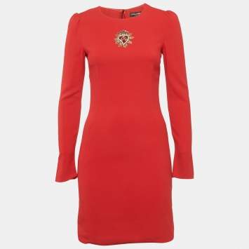 Pre Owned Dolce & Gabbana Red Crepe Logo Embellished Long Sleeve Mini Dress S