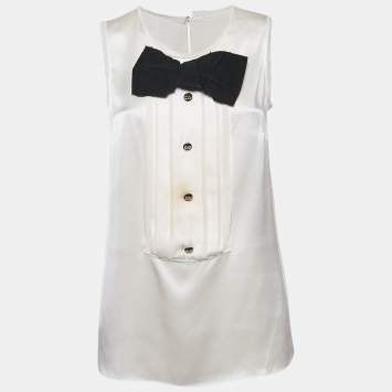 Pre Owned Dolce & Gabbana White Silk Satin Pintuck Detail Sleeveless Top M