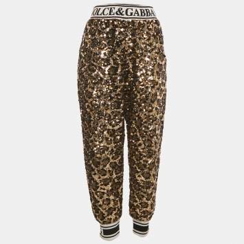 Dolce & Gabbana Gold/Black Sequin Logo Waistband Jogger Pants M