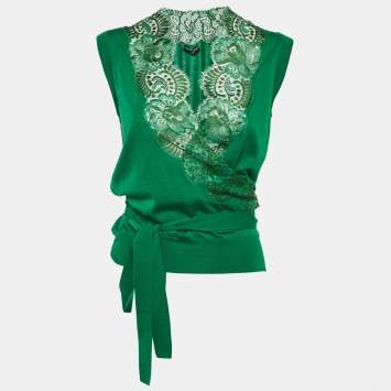 Pre Owned Dolce & Gabbana Green Wool Knit Lace Trimmed Sleeveless Wrap Top M