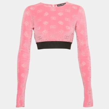 Pre Owned Dolce & Gabbana Pink Monogram Velvet Crop Top S