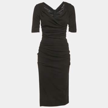 Pre Owned Dolce & Gabbana Black Stretch Crepe Wool Ruche Midi Dress S