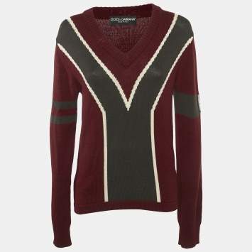 Pre Owned Dolce & Gabbana Red Intarsia Wool Knit V-Neck Sweater L