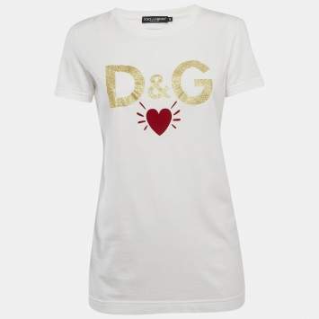 Pre Owned Dolce & Gabbana White Logo printed Cotton Knit T-Shirt S