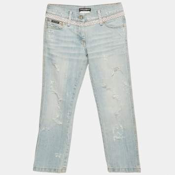 Pre Owned Dolce & Gabbana Blue Distressed Denim Rhinestone Detail Crop Jeans S Waist 29"