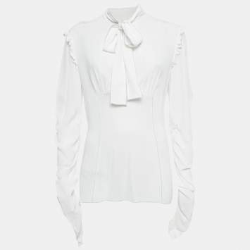 Pre Owned Dolce & Gabbana White Crepe Ruffled Tie-Up Detail Blouse M