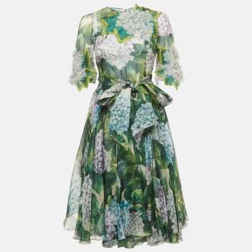 Pre Owned Dolce & Gabbana Green Hydrangea Print Organza Silk Midi Dress S