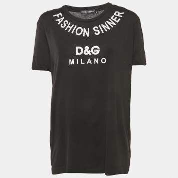 Pre Owned Dolce & Gabbana Black Printed Cotton Crew Neck T-Shirt M
