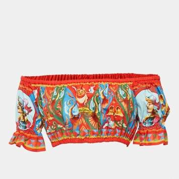 Pre Owned Dolce & Gabbana Red/Blue Carretto Print Cotton Crop Top S