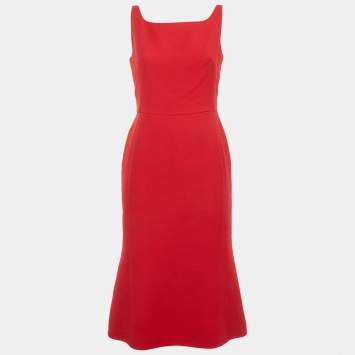 Pre Owned Dolce & Gabbana Red Wool Crepe Sleeveless Midi Dress M