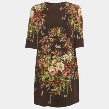 Pre Owned Dolce & Gabbana Burgundy Floral Print Crepe Short Dress L