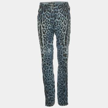 Pre Owned Dolce & Gabbana Blue Leopard Print Denim Distressed Jeans L Waist 34"