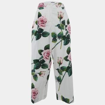 Pre Owned Dolce & Gabbana White Rose Printed Cotton Parallel Pants M