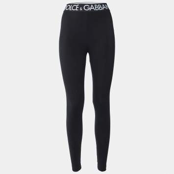 Pre Owned Dolce & Gabbana Black Stretch Cotton Logo Elastic Waist Detail Leggings S