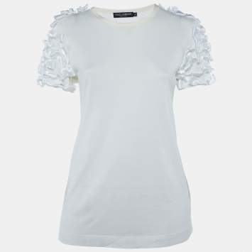 Pre Owned Dolce & Gabbana White Cotton Knit Bow Detail T-Shirt L