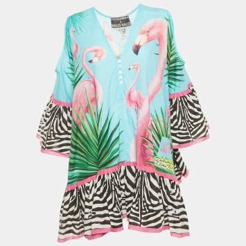 Dolce & Gabbana X Khaled Khaled Multicolor Flamingo Print Cotton Kaftan Mini Dress S